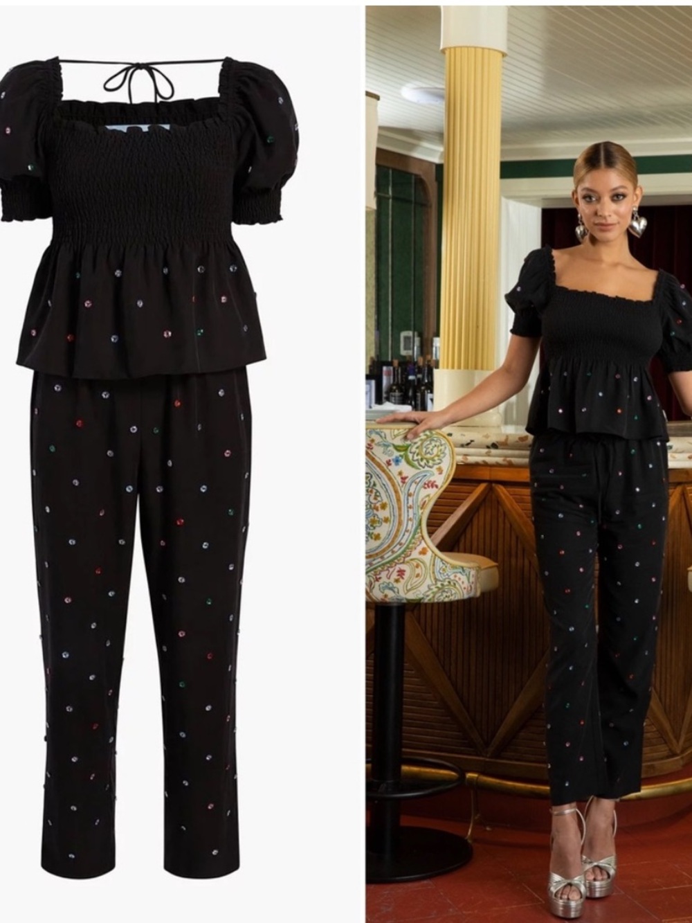 Hill House || Jewel Jammies Smocked Pants Set Black Multi XS